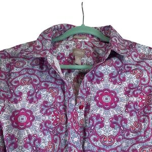 Chicos Size 2 Purple Paisley 100% Cotton Long Sleeve Wrinkle Resistant Shirt